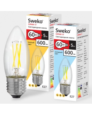 Sweko 17 серия 17LED-C35-5W-230-3000K-E27-CL Светодиодная лампа