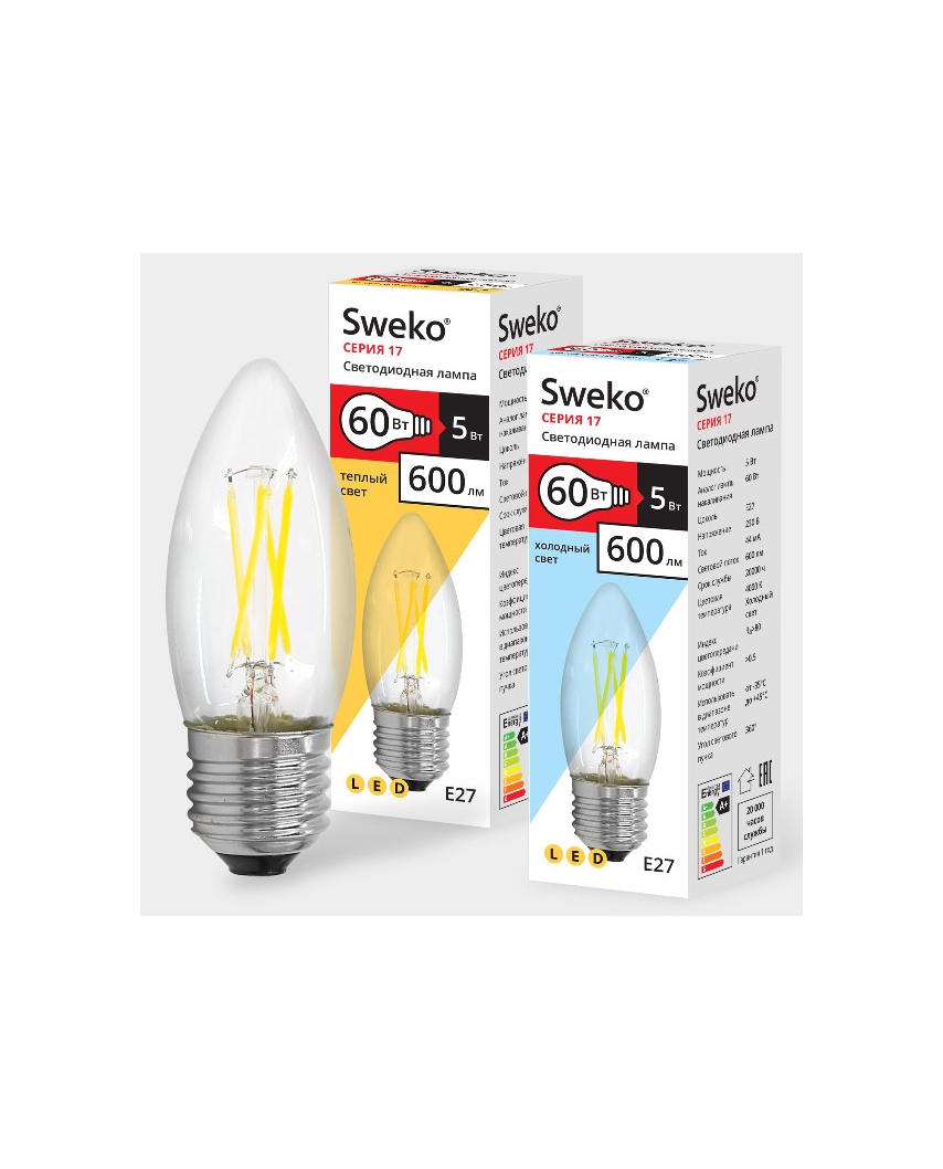 Sweko 17 серия 17LED-C35-5W-230-4000K-E27-CL Светодиодная лампа