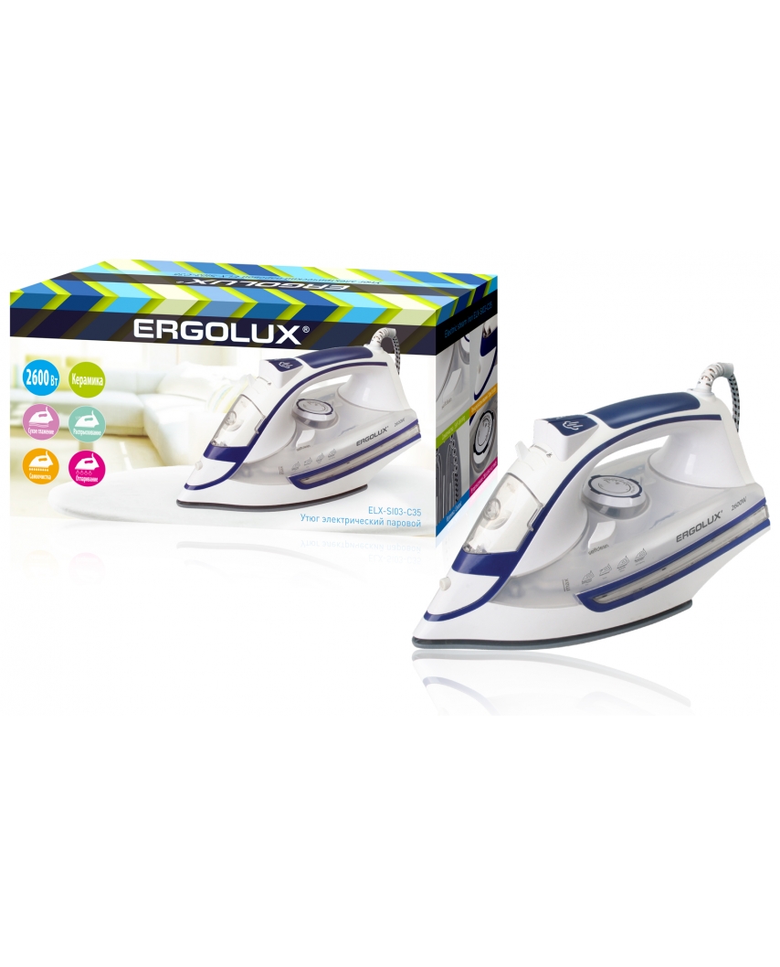 Утюг ERGOLUX ELX-SI03-C35 белый/синий (паровой электр. утюг, керамика, 2600Вт, 220-240В)