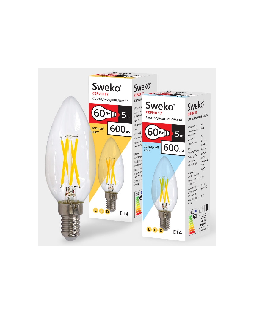 Sweko 17 серия 17LED-C35-5W-230-3000K-E14-CL Светодиодная лампа