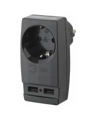 ЭРА SP-1e-USB-B Адаптер "Polynom" 1гн 220V + 2xUSB 2100mA, c заземл, (черный)