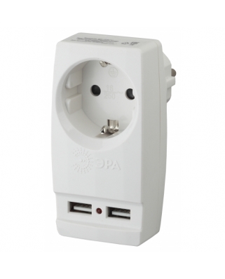 ЭРА SP-1e-USB-W Адаптер "Polynom" 1гн 220V + 2xUSB 2100mA, c заземл, (белый)
