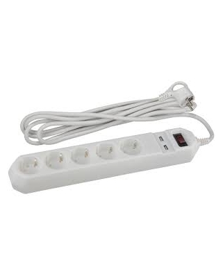 ЭРА USF-5es-1.5m-USB-W (белый) с заземл, 3x0,75мм2, с выкл, 5гн+2USB, 1.5м (20/600)
