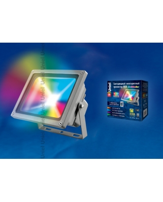 Uniel-ULF-S01-30W/RGB/RC IP65 110-240В Прожектор светодиодный с пультом ДУ. Мультиколор. Корпус серы