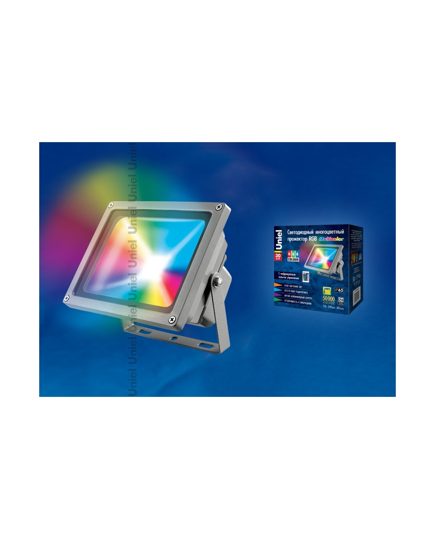 Uniel-ULF-S01-30W/RGB/RC IP65 110-240В Прожектор светодиодный с пультом ДУ. Мультиколор. Корпус серы