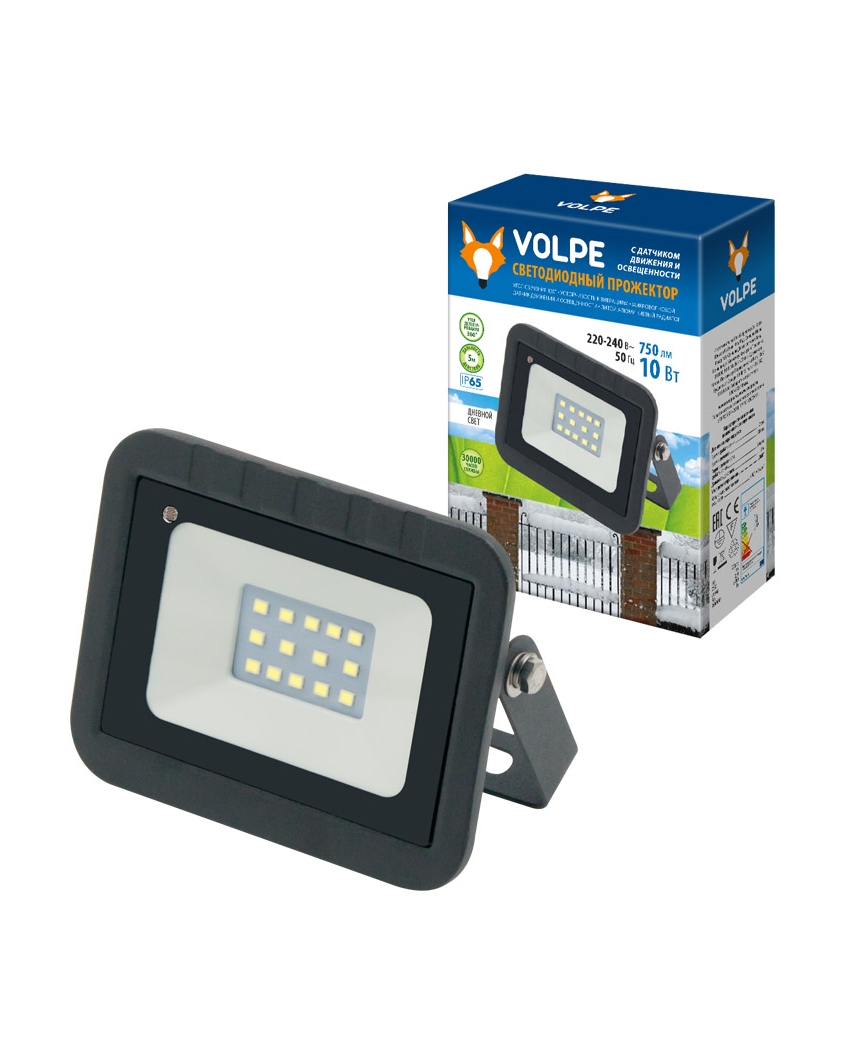 VOLPE-ULF-Q512 10W/DW SENSOR IP65 220-240B BLACK Прожектор светодиодный с датчиком движения и освеще