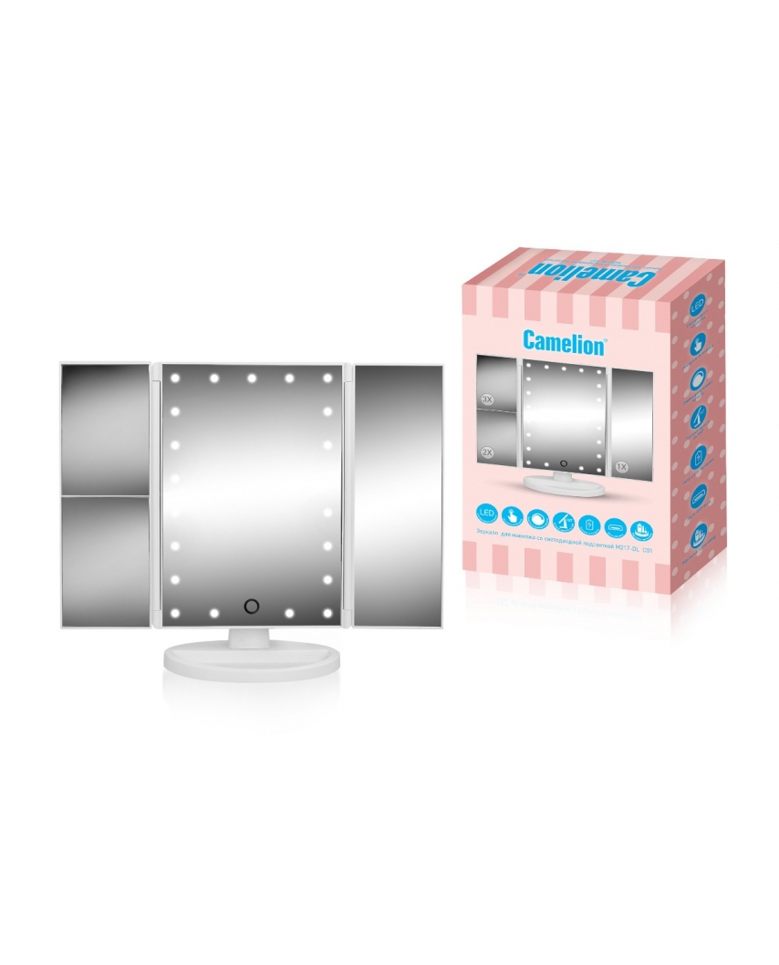 Camelion M217-DL (12) C01 бел.(Зеркало с LED подсв.,1x/2x/3x-увелич., дневн.свет, 5Вт,4*LR03 / USB)