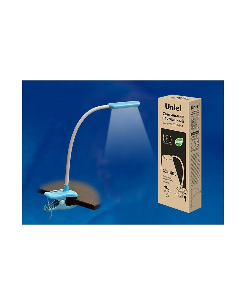 Uniel TLD-554 Blue/LED/400Lm/5500K/Dimmer Светильник настольный «прищепка», 4W. Сенсорный выкл