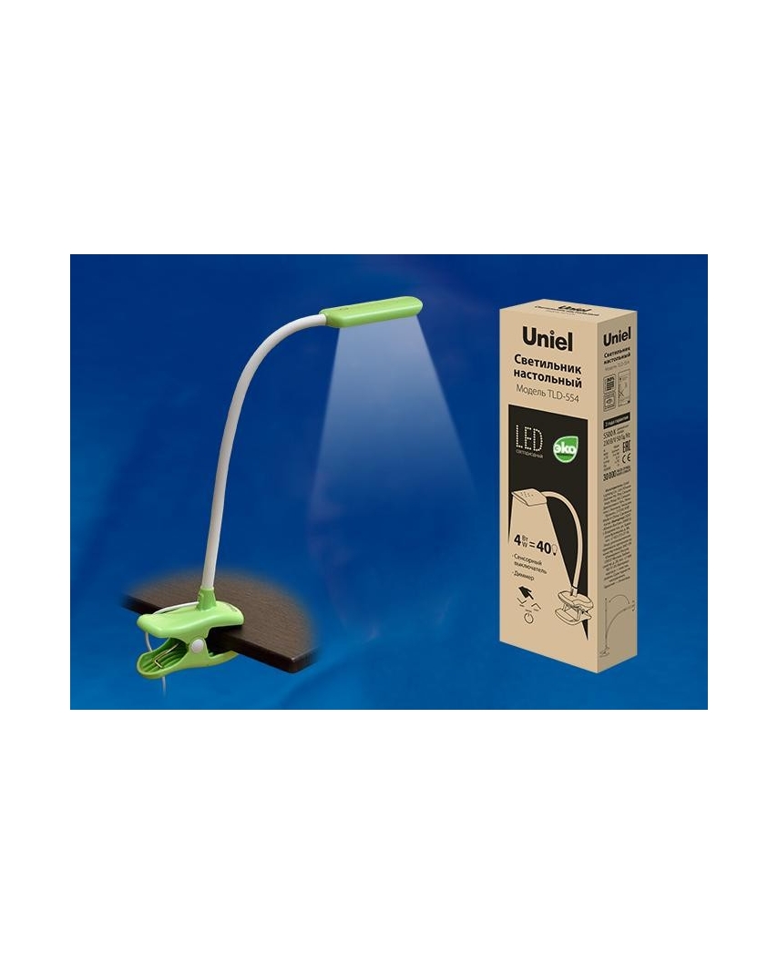 Uniel TLD-554 Green/LED/400Lm/5500K/Dimmer Светильник настольный «прищепка», 4W. Сенсорный выключа