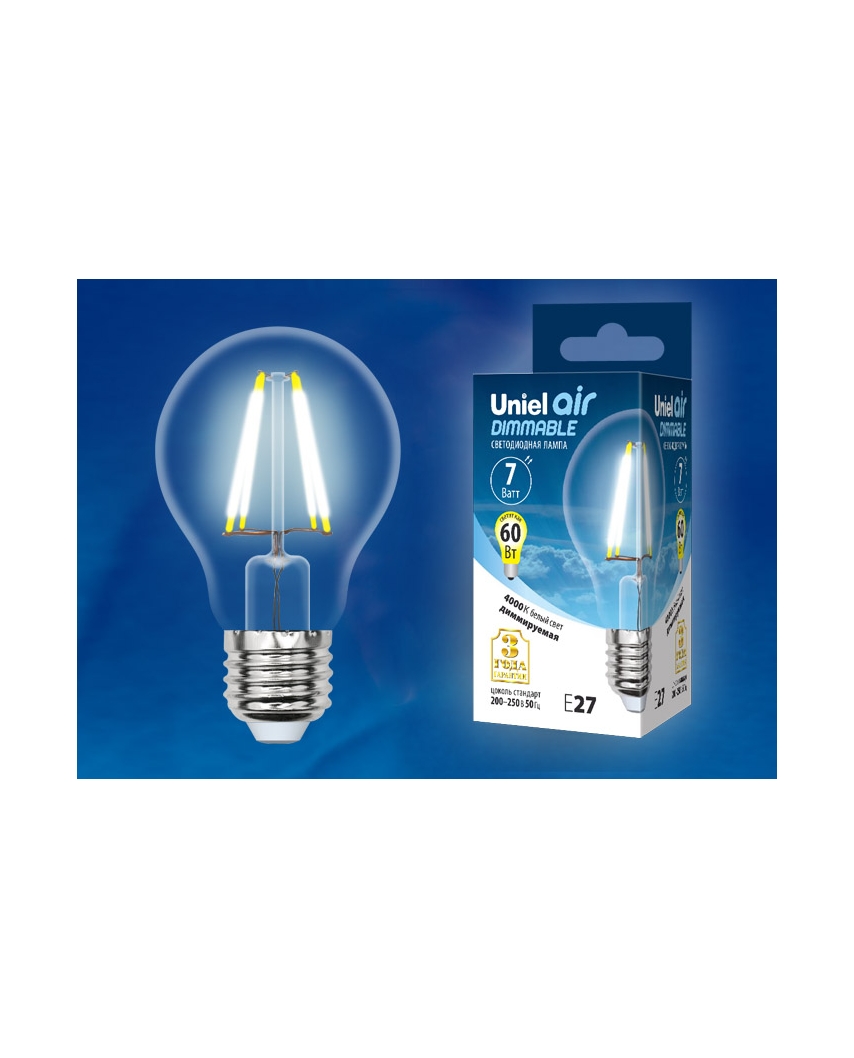 Uniel LED-A60-7W/NW/E27/CL/DIM GLA01TR Лампа светод диммируемая. Форма "A", прозрачная. Серия Air
