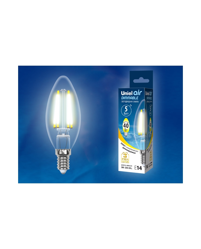 Uniel LED-C35-5W/WW/E14/CL/DIM GLA01TR Лампа светодиодная диммируемая. Форма "свеча", прозрачная. Се