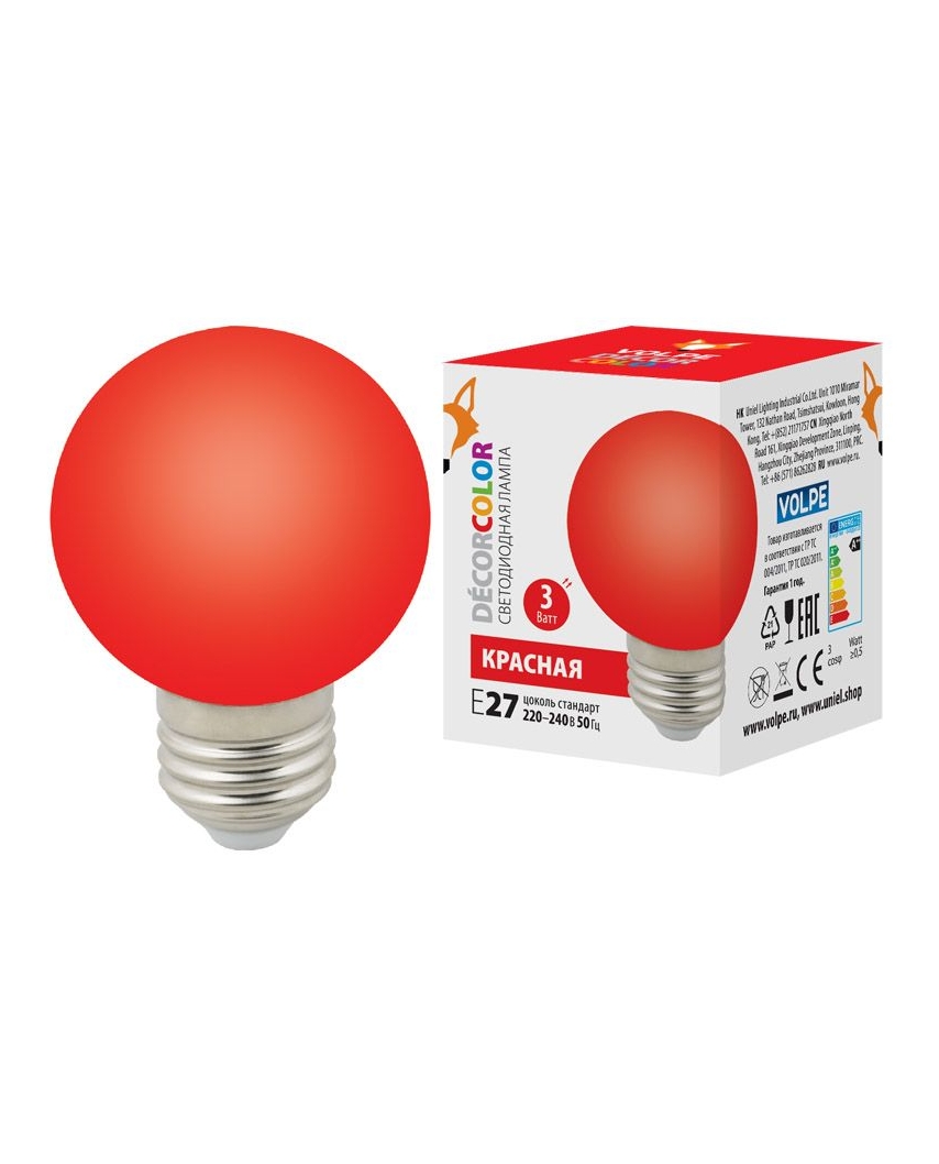 Volpe LED-G60-3W/RED/E27/FR/С Лампа декоративная светодиодная. Форма "шар", матовая. Цвет красный. К