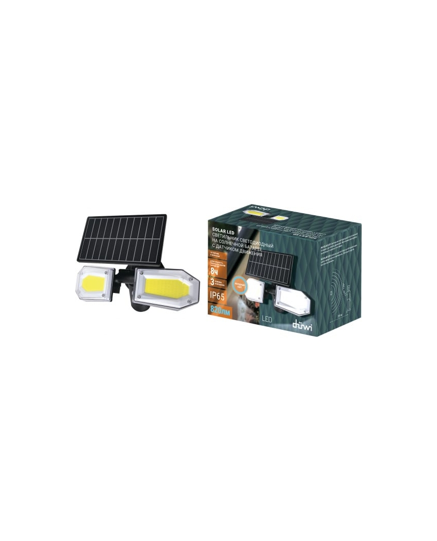 DUWI Св-к светодиодн на солнечных батареях 3 реж осв 25Вт 6500К 820Лм IP65 с датч движ черн 25018 0