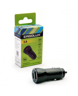 ERGOLUX ELX-CA01-C02 (Автомобильный адаптер 1USB+1Type C, 12В, 5V/3А, LED, Черный, Коробка)