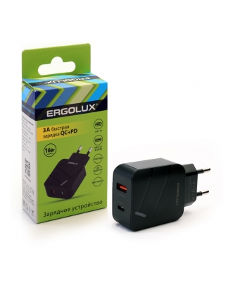 ERGOLUX ELX-РA01QC-C02 (Сетевой адаптер 1USB+1Type C, 100-220В, 5-9V/3А, QC, Черный, Коробка)