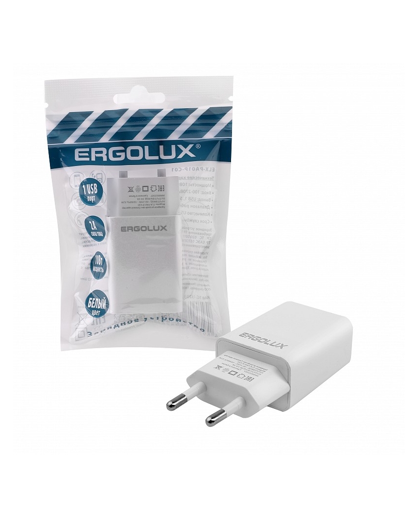 ERGOLUX ELX-РA01P-C01 ПРОМО (Сетевой адаптер 10Вт 1USB, 100-220В, 5V/2А, Белый, Пакет)