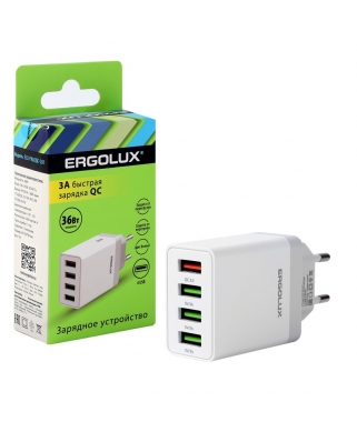 ERGOLUX ELX-РA02QC-C01 (Сетевой адаптер 36Вт 4USB, 100-220В, 5-9V/3А, 1QC+3/3А, Белый, Коробка)