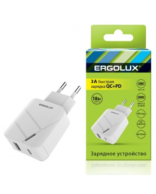 ERGOLUX ELX-РA01QC-C01 (Сетевой адаптер 18Вт 1USB+1Type C, 100-220В, 5-9V/3А, QC, Белый, Коробка)